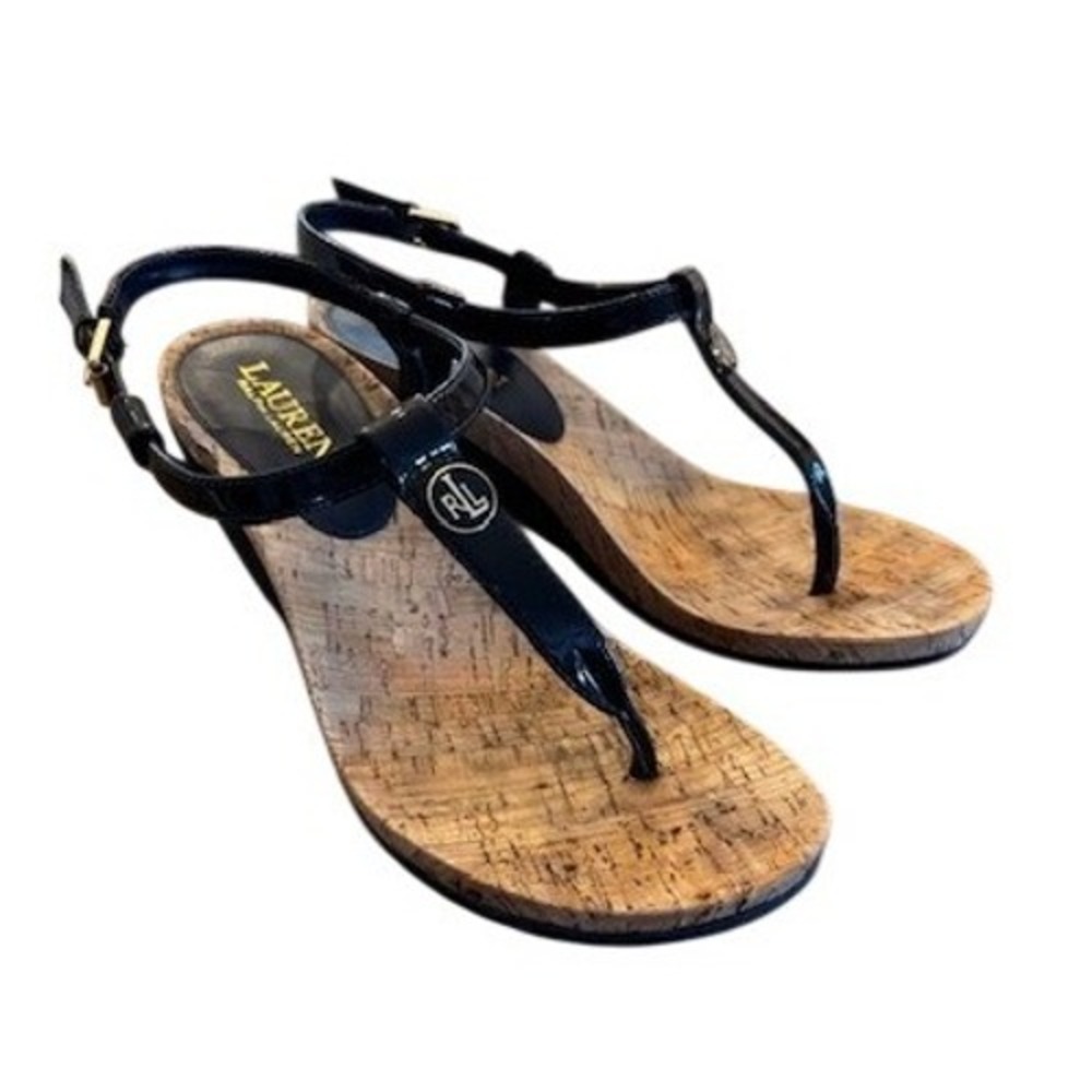 Lauren Ralph Lauren Size 8.5 Black Patent T-Strap Cork Wedge Sandals Shoes